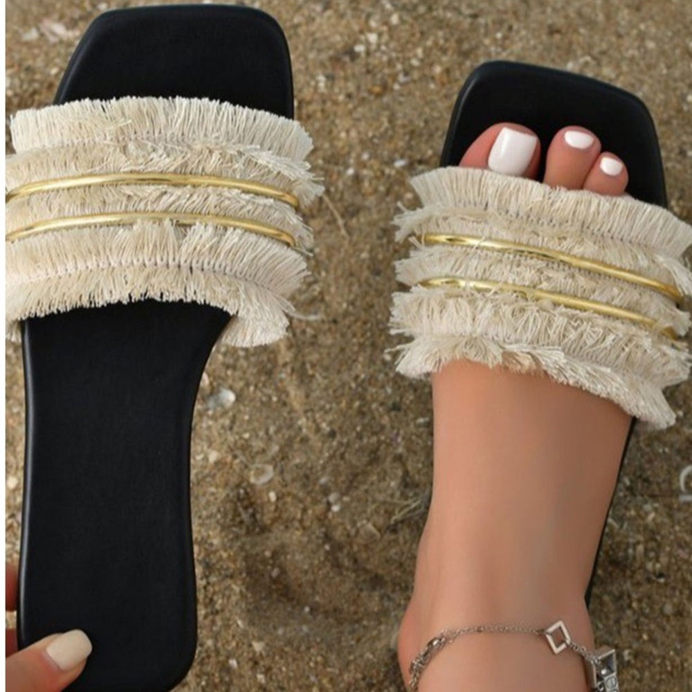 TASSEL SANDALS CREAM AND GOLD- black bottom 38 size (7.5) NEVER WORN NEW IN BOX